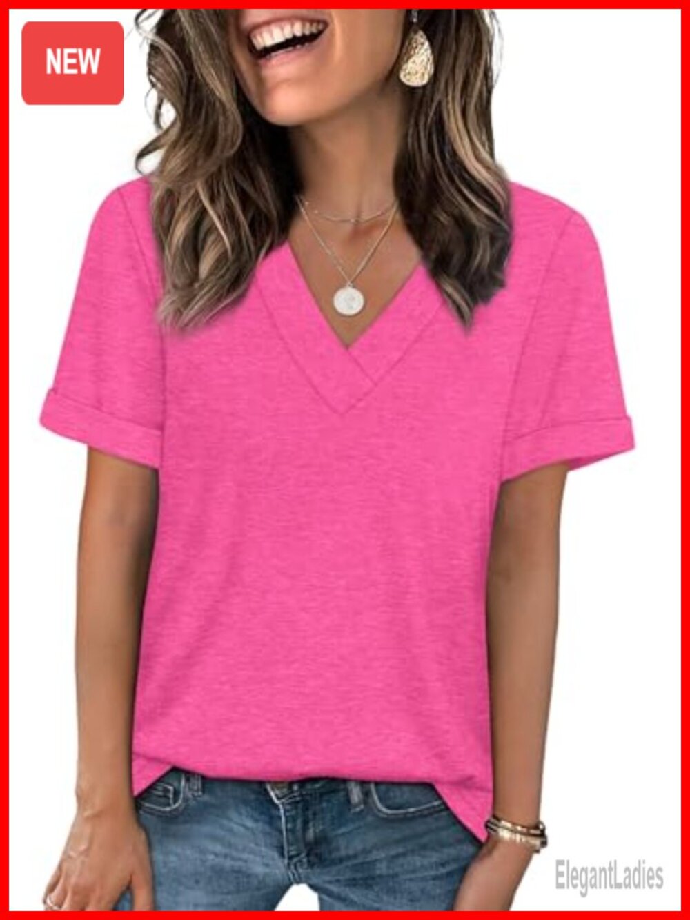 Womens V Neck Short Sleeve T Shirt Rolled Sleeve Casual Summer Top